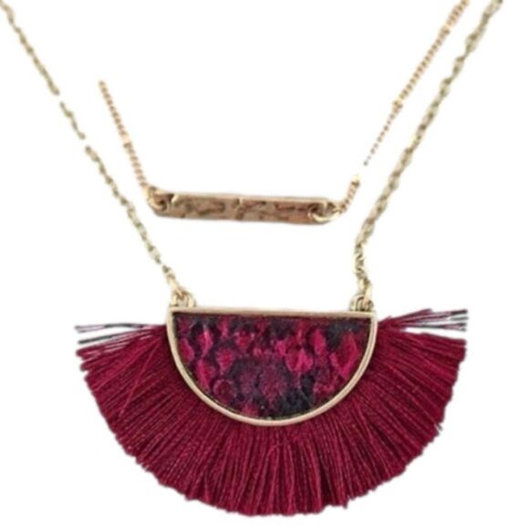 Gold Bar Layered Necklace with Snakeskin and Fringe - Picture 2 of 6